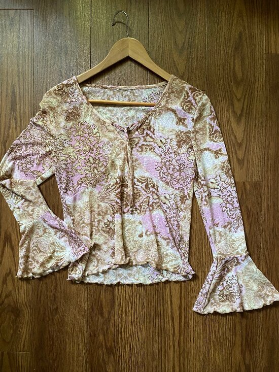 Source Unknown Tops - Vintage Y2K Pink Brown Paisley Bell Sleeve Lettuce Hem Top - XS